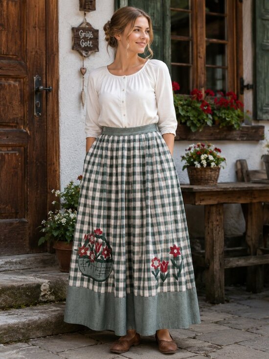 Perry Landhaus Dresses & Skirts - Perry Landhaus Pleated Maxi Skirt German Green Gingham Plaid Country Prairie 38
